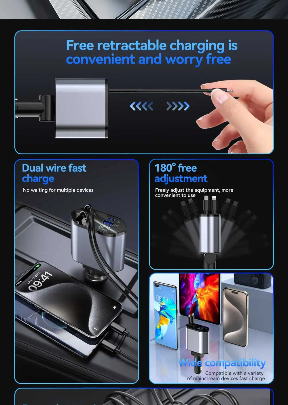 120W 4 in 1 Car Charger Retractable